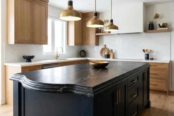 Black leathered granite island with an ogee edge in a Markham home