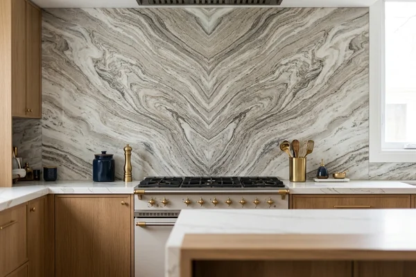 Book-matched quartzite backsplash behind a range