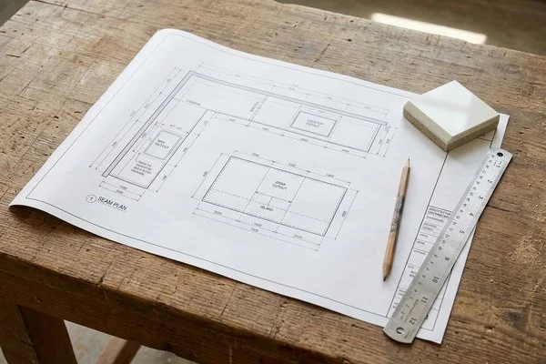 CAD drawing of an L-shaped kitchen countertop seam plan