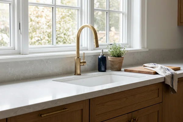 Caesarstone Alpine Mist perimeter countertop in a Leaside kitchen