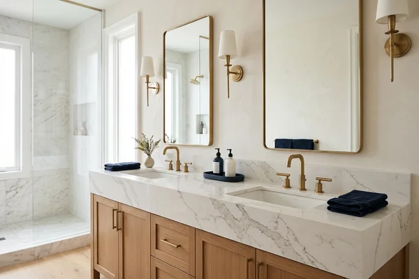 Caesarstone Calacatta Nuvo double vanity in a Rosedale bathroom