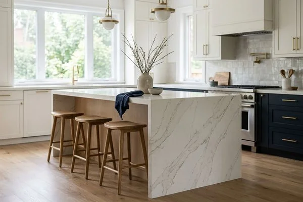 Caesarstone Calacatta Nuvo quartz waterfall island in a Leaside kitchen