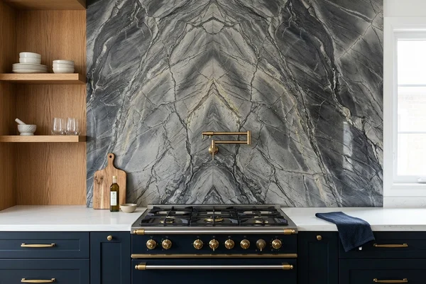 Cambria book-matched full-height backsplash