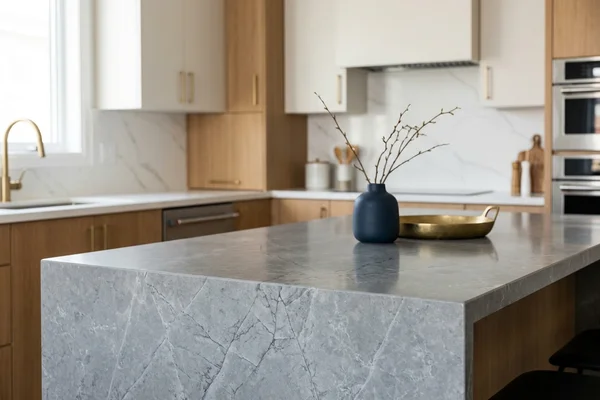 Eased edge on a grey quartz countertop in a modern kitchen