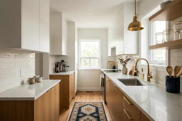 Danforth Village galley kitchen with white quartz countertops