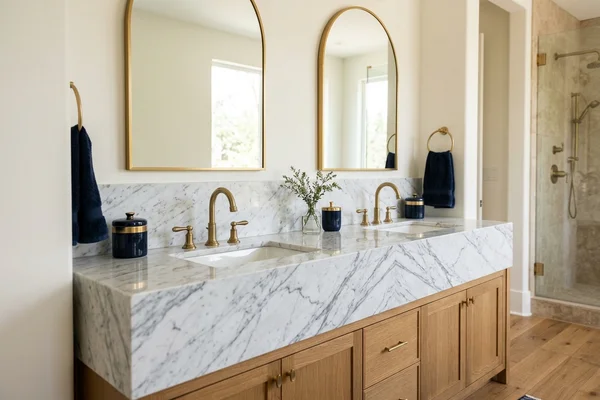 Polished Carrara marble double vanity with a book-matched seam