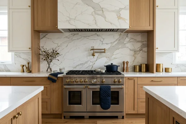 Forest Hill kitchen with a Calacatta porcelain range wall behind a gas range
