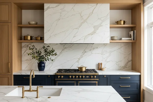 Forest Hill kitchen with a Calacatta porcelain range wall and countertop