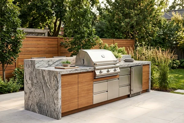 Granite outdoor kitchen counter with a built-in barbecue