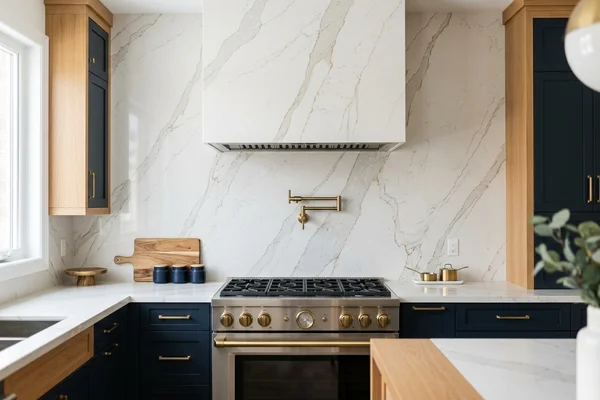 Hanstone quartz full-height backsplash behind a gas range