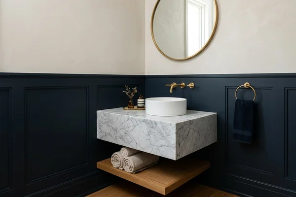 High Park powder room with a Carrara marble vanity in an inside corner