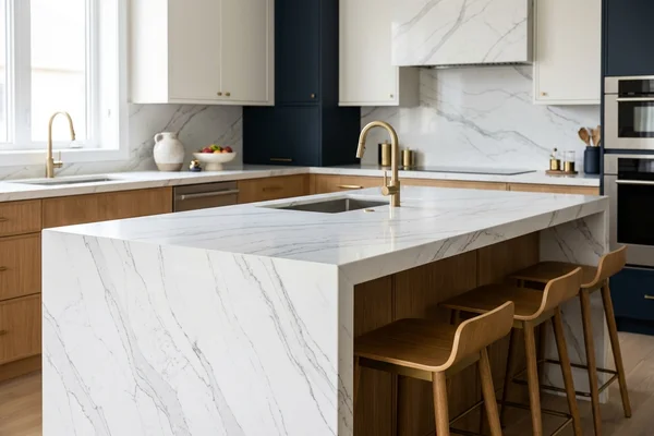 Kleinburg kitchen with a white quartzite waterfall island
