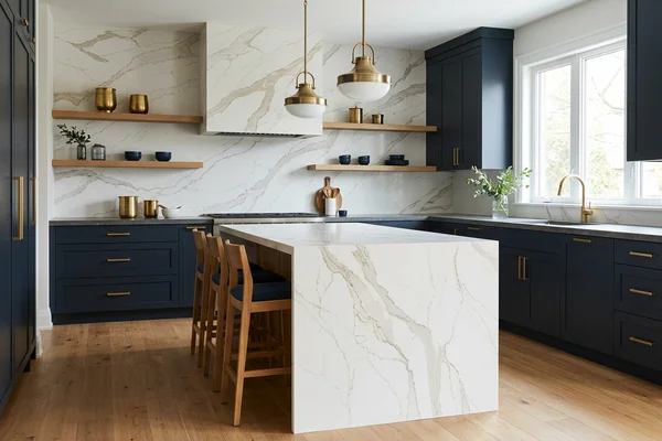 Leaside kitchen with Caesarstone perimeter and a Calacatta Nuvo waterfall island