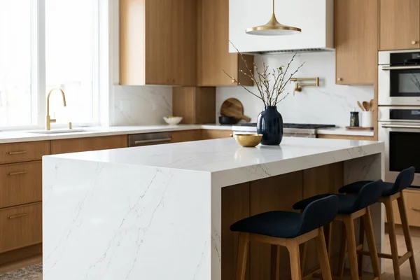 Mitred drop apron edge giving a thick look on a quartz island