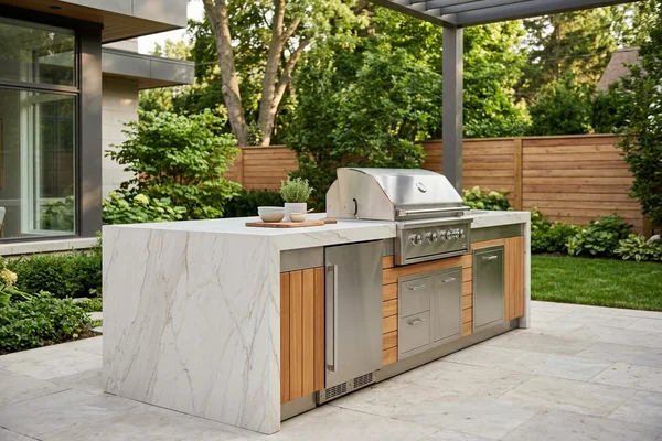 Port Credit outdoor kitchen with a large-format porcelain counter and grill cutout