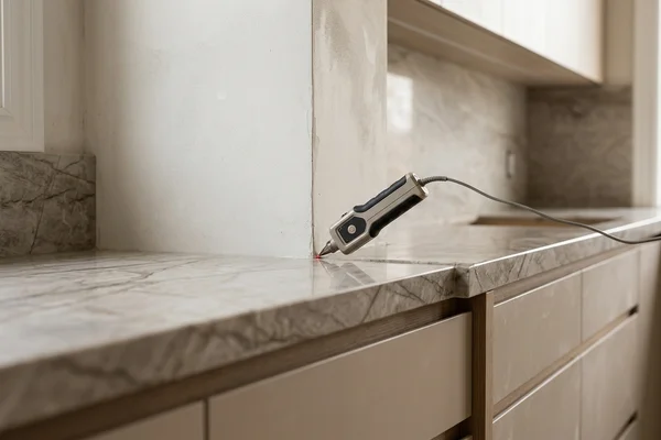 Proliner probe tracing an out-of-square wall corner above new cabinets