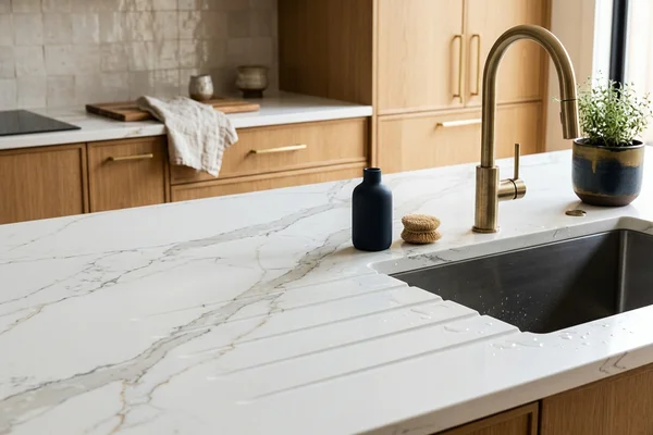 Quartz countertop with recessed drainboard grooves next to a sink