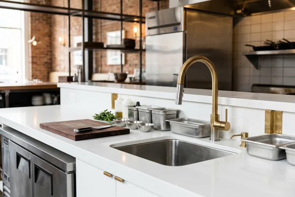 Queen West restaurant prep station in Caesarstone Pure White NSF quartz
