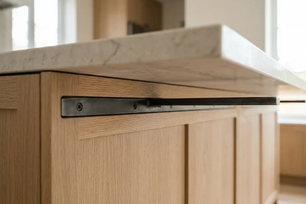 Recessed steel brackets in an island cabinet rail before a quartz overhang install