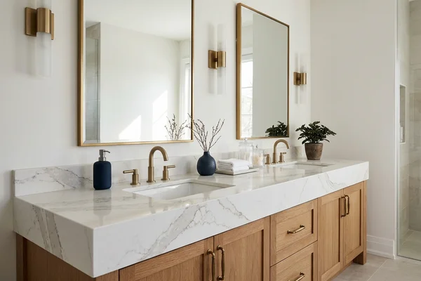 Rosedale double vanity in Caesarstone Calacatta Nuvo quartz