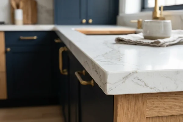 The same Caesarstone edge after resin fill and polish