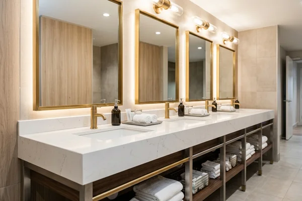 Hotel bathroom vanity in white quartz with undermount sinks
