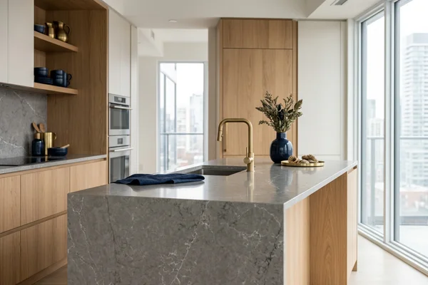 Toronto condo kitchen with grey Hanstone quartz countertops