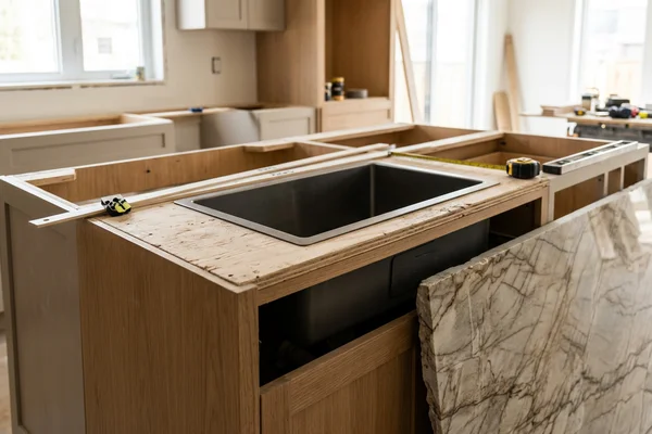 Undermount sink staged in a sink base cabinet before templating
