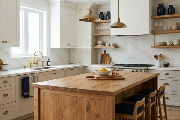 Oak butcher block island paired with a white quartz perimeter