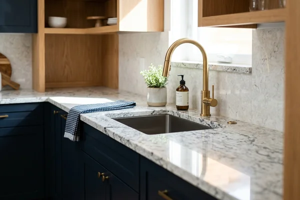 Polished white and grey granite countertop with an undermount sink in Scarborough