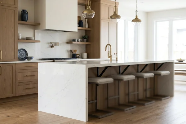 Woodbridge kitchen with a nine-foot Caesarstone waterfall island