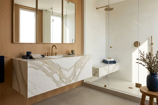 Yorkville condo bathroom with a book-matched Calacatta vanity and shower bench