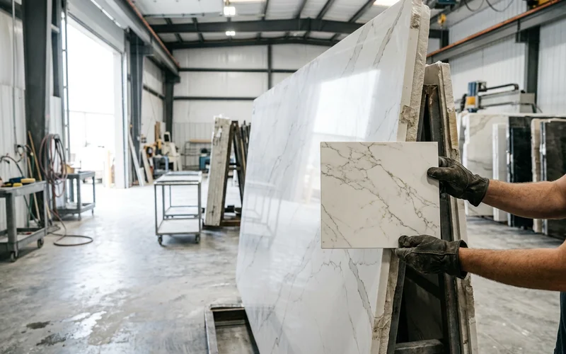 Caesarstone sample board checked against a full slab before cutting