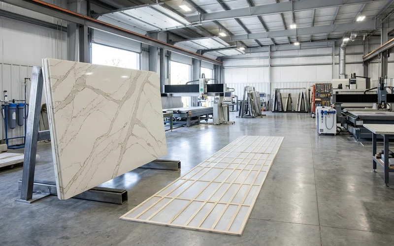 Cambria jumbo slab beside an 11-foot island template showing a seam-free layout