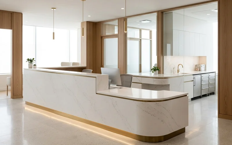 Healthcare counters in white solid-surface and quartz in a Toronto clinic