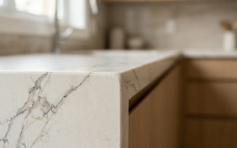 Close-up of an eased edge on an engineered quartz countertop
