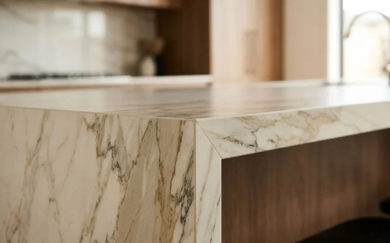 Close-up of a mitred porcelain countertop edge hiding the thin slab body