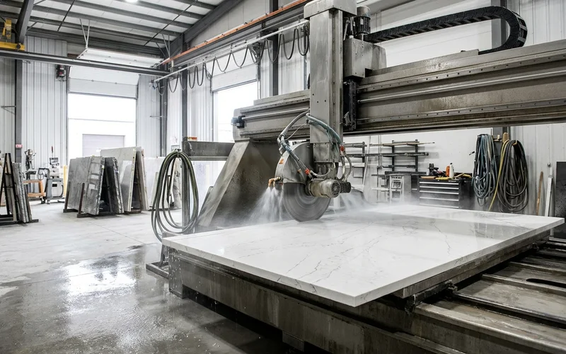 CNC bridge saw cutting a quartz slab with water cooling