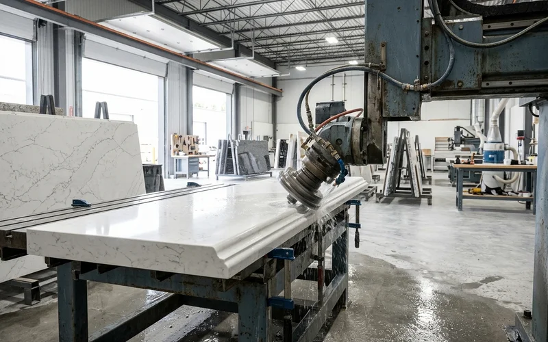 CNC edge profiler polishing an ogee edge on a quartz countertop