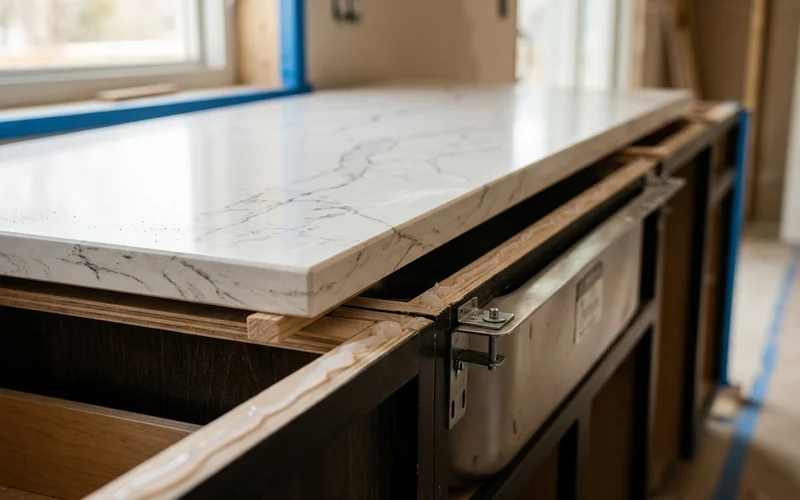 Install day detail: shims, silicone bed and undermount sink clips on cabinets