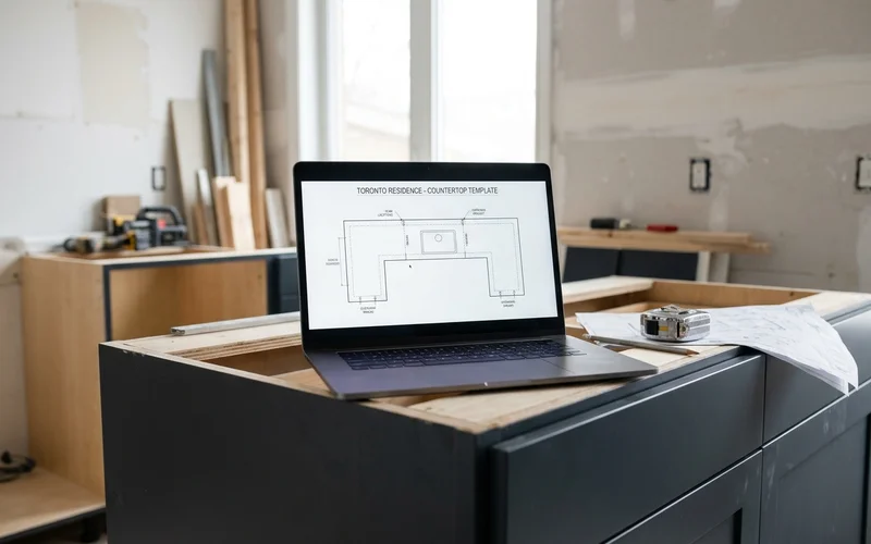 Digital countertop template showing seams, cutouts and bracket marks