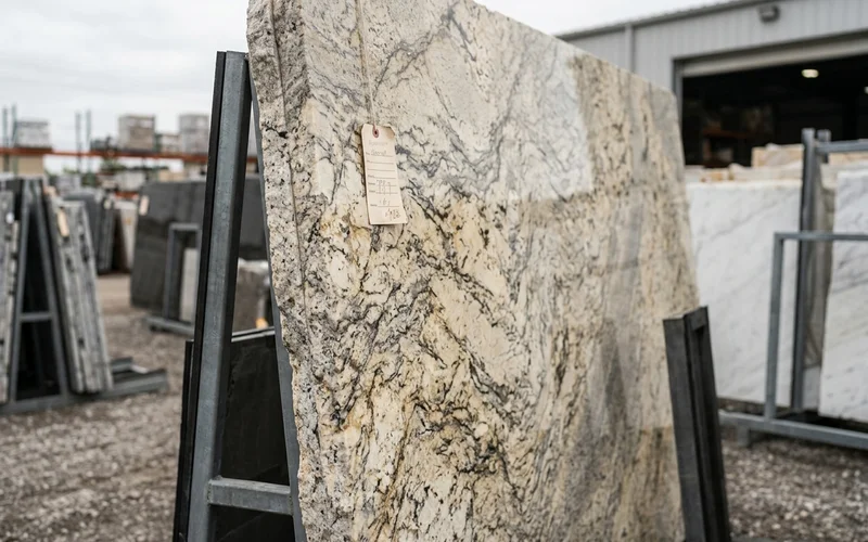 Natural granite slab tagged for a Toronto kitchen at a GTA stone yard