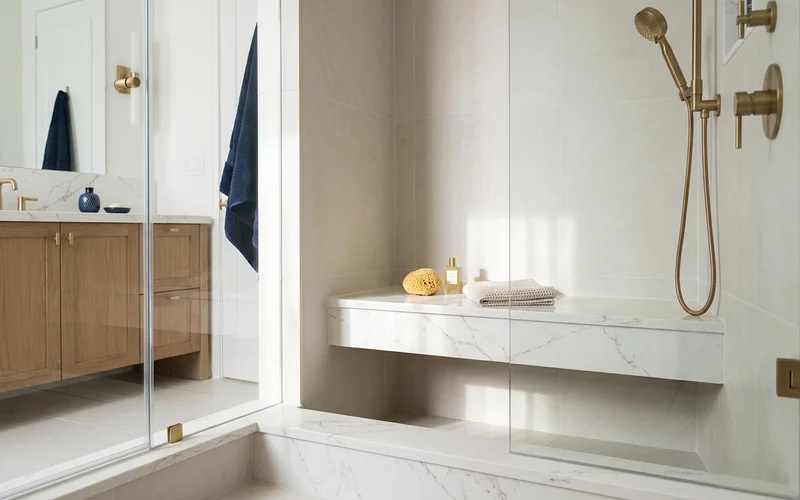 Quartz shower bench and threshold in a walk-in shower