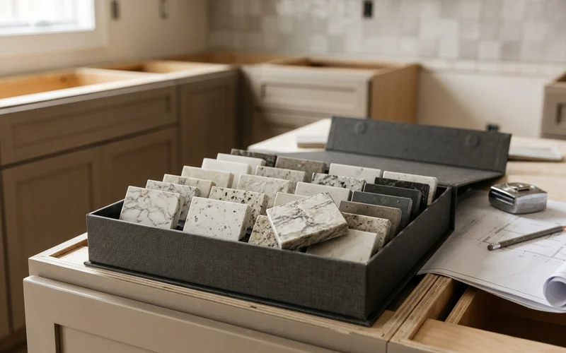 Quartz colour samples laid out on new kitchen cabinets before templating