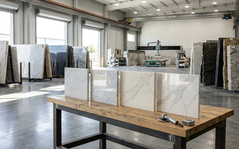 Honed and polished Carrara marble samples beside a Calacatta-look quartz sample