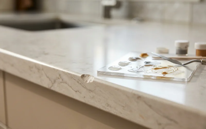 Repair resin colour-matched beside a chipped quartz edge