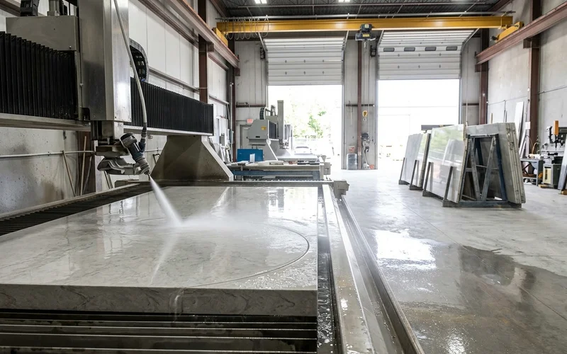 Waterjet cutting a curved shape into a quartz slab