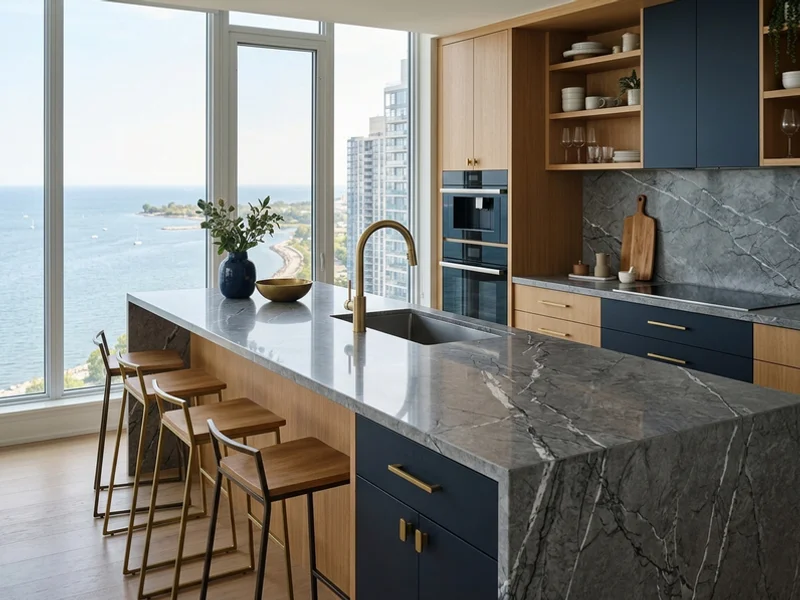 Humber Bay Shores condo kitchen with grey quartz countertops