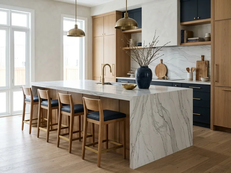 Kleinburg kitchen with a natural quartzite waterfall island