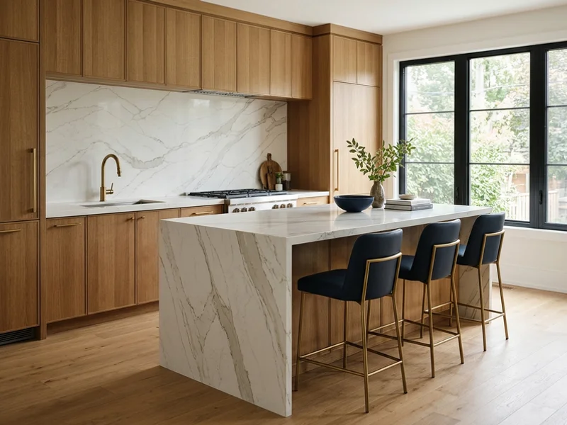 Leaside Toronto kitchen with Caesarstone quartz countertops and a Calacatta Nuvo waterfall island